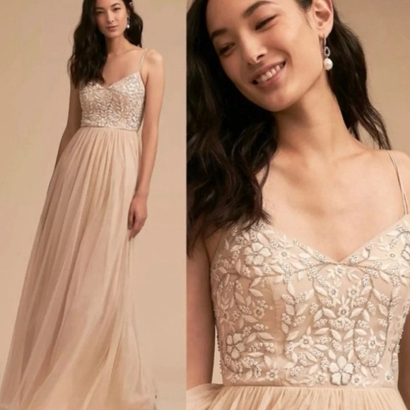 BHLDN By Anthropologie Elowen Floral Beaded Blush Gown Size 6 - Picture 2 of 13